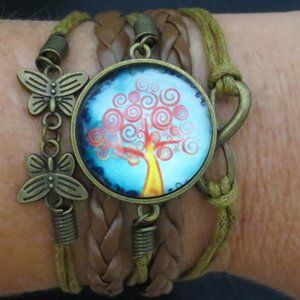 New World Glass Bracelet Colorful Tree of Life Cabochon Brass Leather Unisex 7"